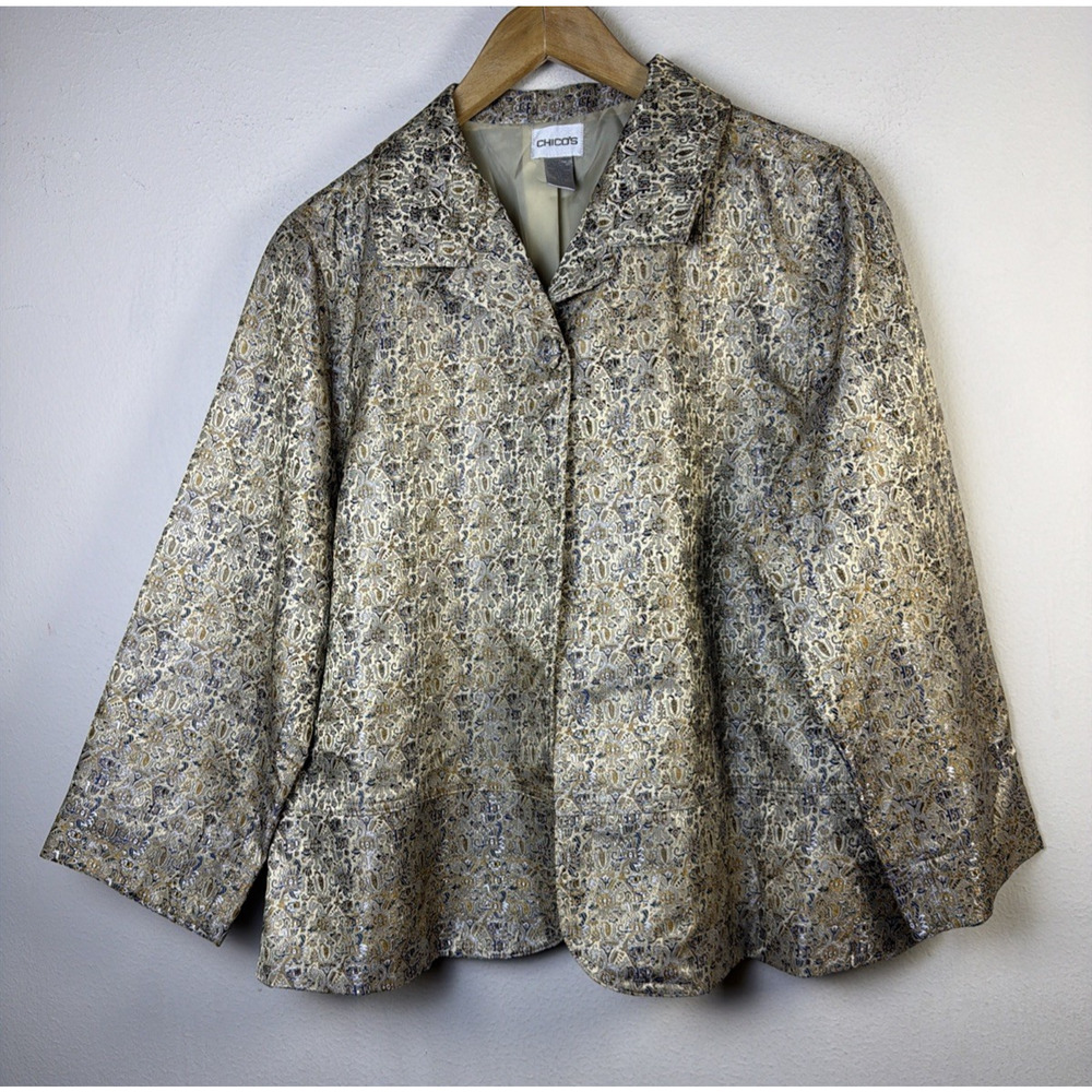 Chico's 3 Blazer XL Gold 1 Button Lined wedding guest Persian jacket cocktail - Picture 2 of 11